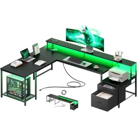 PRAISUN 66 Inch L Shaped Computer Desk with Power Outlets and LED Lights, Home Office Desk with Fabric Drawers and Print Stand, L Shape or Long Set up, Monitor Stand, Mesh CPU Stand, Black