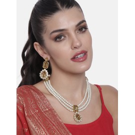 Aheli Wedding Party Kundan Collar Colgante Pendientes Tradicional Moda Étnica Joyería Set para Mujeres (Champagne Stone-Faux Kundan Pearl Long)