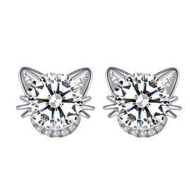 MixiuEuro Women Girls Cat Stud Earrings 925 Sterling Silver Cubic Zirconia Cat Heart love Stud Earrings Jewellery Gift For Girls Child
