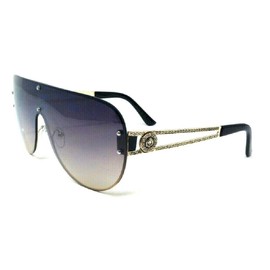Kleo Lion Head Medallion Oversized Flat Top Luxury Shield Aviator Sunglasses (Gold Metallic Frame, Black Gradient)