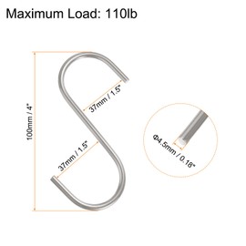 sourcing map 6pcs Long S Hooks 4 Inch Extra Long Metal S-Shaped Hanging Hooks High Manganese Steel S Hanger Storage Organizing Tool for Kitchen Garden Bathroom Garage Closet, Silver