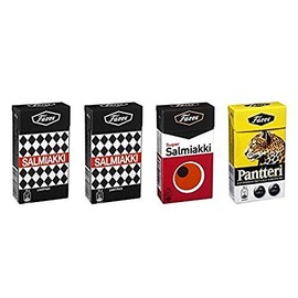 4 Boxes X 38g of Fazer Super Salmiakki Mix ((2) salmiakki - (1) super salmiakki - (1) pantteri) Original Finnish Salty Licorice Liquorice Salmiac Pastilles Lozenges Dragees Drops Sweets Candy