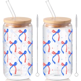 Sliner 2 Pcs Patriotic Bow Glass Cups 4th of July Gifts Drinking Tumbler 16 oz Iced Coffee Cup with Lid Straw Cleaning Brush for Independence Day Summer Home Office Decorations