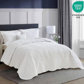 DaisyHuang Botanical Bedspread Full Size - Leaves Pattern Stitching Quilt Set - Elegant & Fresh Style Bedding Coverlets, Reversible, Lightweight, 4 Piece, White