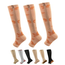 Aofur Zipper Compression Socks for Women & Men Circulation Calf Knee High 15-20mmHg Open Toe Compression Stocking suit for Circulation Support (Butterfly(3Pairs), L/XL)