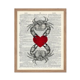 Poster Master Dictionary Art Poster - Crab Couple Print - Red Heart Art - Aquatic Art - Romantic Gift for Him, Her, Lovers - Nautical Decor for Bathroom, Ocean or Beach House, 8x10 Beige Framed