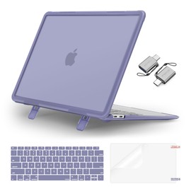 MOSISO Compatible with MacBook Air 13 inch Case 2022, 2021, 2020-2018 A2337 M1 A2179 A1932, Heavy Duty Shockproof Plastic Hard Case with Fold Kickstand&Keyboard Skin&Screen Film&Type C, Lavender Gray