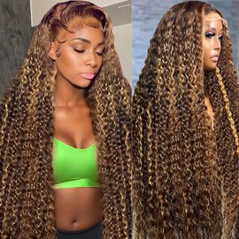 26 Inch Highlight Ombre Lace Front Wig Human Hair 13x4 Honey Blonde Deep Wave Lace Front Wigs Human Hair Pre Plucked 180 Density Wet and Wavy 4/27 Colored Curly Human Hair Wig for Women with Baby Hair