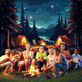 10x8ft Forest Scene Camping Backdrop, Starry Sky Tent Campfire Backdrop, Adventure Theme Photography Background for Children & Adults Birthday Party Decorations Supplies