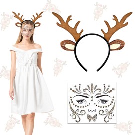 Ajuanbazha Reindeer Headband, Reindeer Antlers Headband with Deer Face Sticker, Reindeer Headband Christmas for Women and Children, Headband Reindeer for Fancy Dress, Cosplay