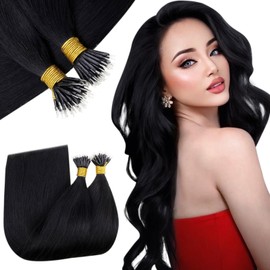 RUNATURE 22 Inch Nano Link Hair Extensions Human Hair Straight Nano Tip Hair Extensions Real Human Hair Jet Black Nano Bead Human Hair Extensions #1 50g 50 Strands