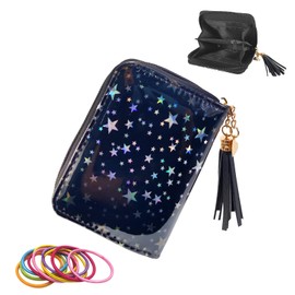 SwirlColor Children's Purse, Beautiful Slim Short Small Children's Wallet with Shiny Star Patterns, PVC Women's Purse with Tassel Zip for Teens Girls Women, black, Modern