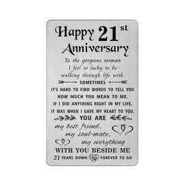 TANWIH 21st Anniversary Card for Wife - 21 Years Down Forever to Go - 21 Year Wedding Anniversary Card Gifts for Her Women, Engraved Metal Wallet Card