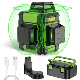 Huepar Laser Level 360 Self Leveling, Rechargeable Green Laser 3x360° Cross Line Lazer Leveler 3D Level Laser Tool for Construction and Picture Hanging, Strong Magnetic Bracket&Hard Carry Case -HM03CG