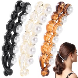 YALOJE 3pcs Artificial Pearl Banana Hair Clips for Women, Non-Slip Hair Claws with Double Combs, Vintage Hairpin Thick Long Curly Hair Styling Accessories for Daily, Party - White, Brown, Black,10.6cm