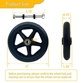 6 Inch Replacement Wheels (2-Pack) - Universal PU for Wheelchair, Walker & Rollator - Quiet Anti-Slip Solid Rubber with Sealed Bearings - Black