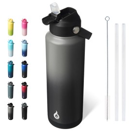 BJPKPK Insulated Water Bottle with Straw Lid, 40oz Large Thermo, BPA Free Leak Proof Stainless Steel Metal Water Bottles, Tumblers, Cups, Flasks for Travel, Sports,Black Grey