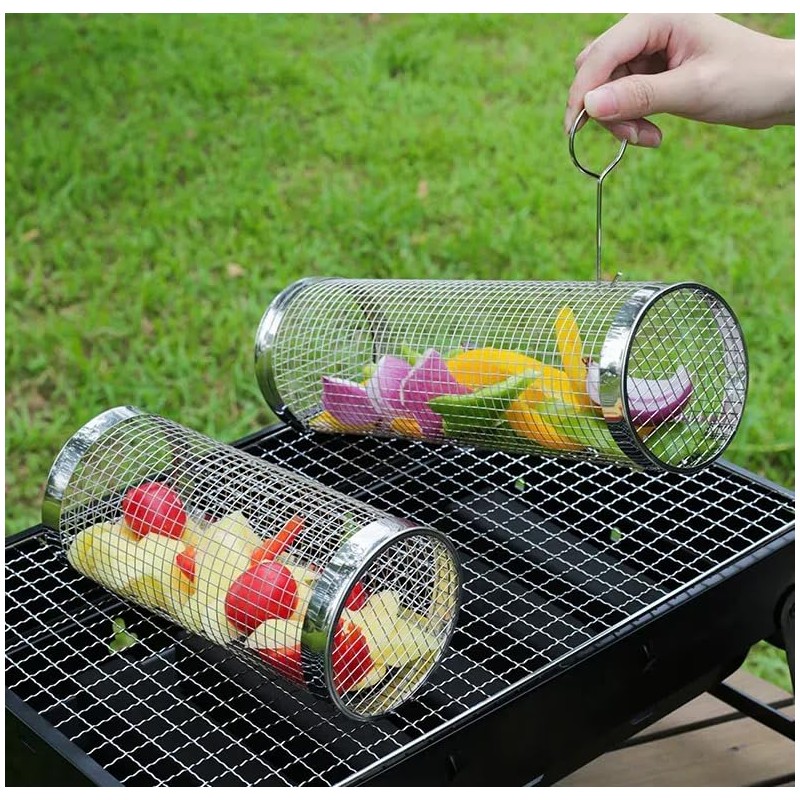 Stainless Steel Cylindrical BBQ Basket Reusable Round Grill Net, Perfect