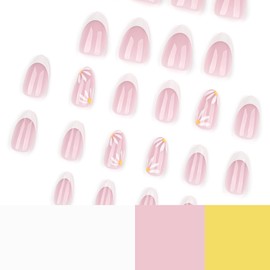 White French Tip Press on Nails Daisy Fake Nails Short Almond False Nail with Design Flower Glue on Nail Glossy Artificial Acrylic Full Cover Stick on Nails for Women Manicure 24Pcs