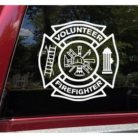 Minglewood Trading Yellow - Volunteer Firefighter Vinyl Decal - VFD Fire Dept Maltese Cross - Die Cut Sticker - 8w x 8h inches