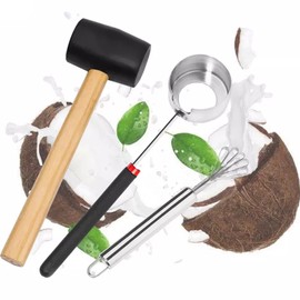 ZLMC Coconut Opener Tools Set with Hammer,Meat Removal Scraper, Rubber Mallet, Hole Maker Puncher for Young & Mature Coconuts,Multifunctional Kitchen Tools, Safe& Easy to Use