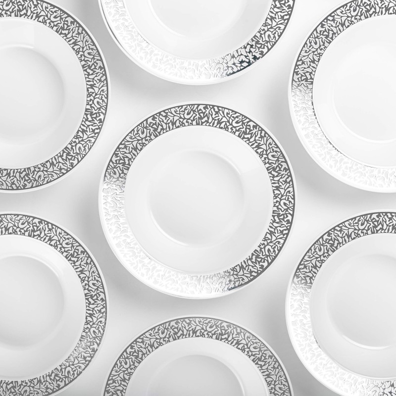MATANA - 20 Premium Plastic Party Bowls with Silver Lace