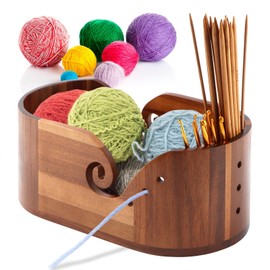 DIY Yarn Bowl Set, with Crochet Hook and Sew Needles Wooden Yarn Bowls for Knitting and Crochet, Large Crochet Yarn Holder Bowl(Brown)