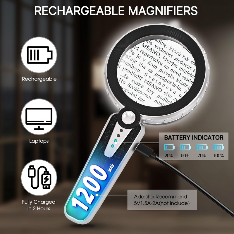 45X Magnifying Glass with Light, 4.6 Inch 1200mAh USB Rechargeable,