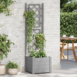 vidaXL Garden Raised Bed with Trellis, Raised Bed for Flowers and Plants, Planter with Drainage Hole, Outdoor and Indoor Use, Grey, 16.9"x16.9"x55.9", PP