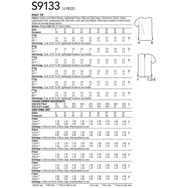 SIMPLICITY Sewing Pattern S9133 Misses' Tops, Various, K5 (8-10-12-14-16)