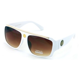 V.W.E. Lion Head Flat Top Hip Hop Rapper Retro Aviator Sunglasses (White/Brown)