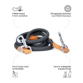 Freudentier Harmony Round Dog Lead 2 m | Stylish Rounded Design with Brown Leather Elements | 3-Way Adjustable | Dog Lead for Small and Large Dogs