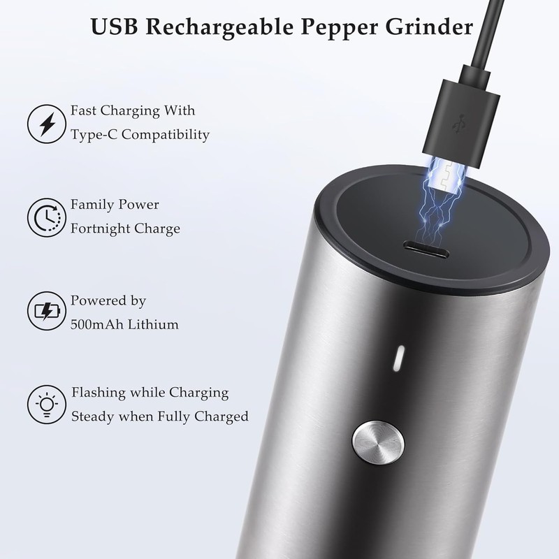 Electric Salt and Pepper Grinder Set, USB Rechargeable, Stainless Steel