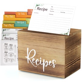 DRASTAR Recipe Box with 100 Recipe Cards & Dividers, Rustic Wood Recipe Box Organizer Set to Write in Your Own Recipes, Brown