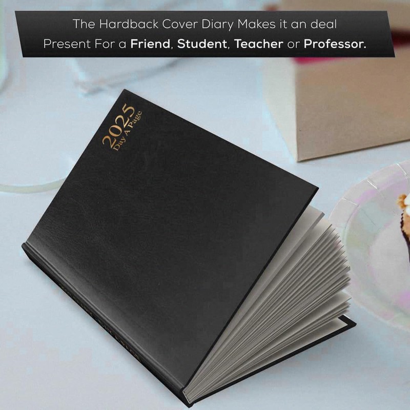 2025 Black A4 Day a Page Diary - Hardback Planner