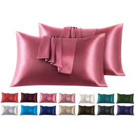 Satin Cushion Cover, 45 x 70 cm, Pack of 2, 100% Satin, Super Soft Pillowcase, Dark Pink