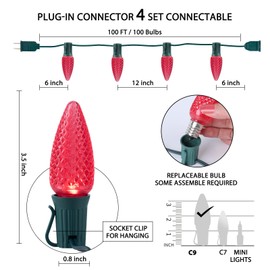 Brightown C9 Christmas String Lights, Red Commercia Outdoor Christmas Lights with 100 Strawberry C9 LED Bulbs, Waterproof Extendable UL Certified for Party Holiday Indoor Outdoor Xmas Decor