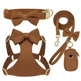 Beirui Cute Extra Small Dog Harness Set with Three Detachable Bows, Adjustable Dog Harness Collar and Leash Set with Secure Metal Buckle for Daily Walking, Parties & Holiday Outfits(Brown,XXS)