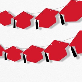 Big Dot of Happiness Red Graduation Cap Garland Banner, Grad Party Decorations, High School Graduate Photo Backdrop, Elementary Celebration, 10 Feet of Cord, 15 Hats with Tassels