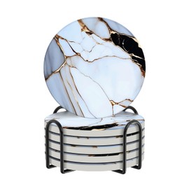 PrepSavvy Coasters for Drinks Ceramic Coasters with Holder Set of 6 Absorbent Drink Coasters for Coffee Table Aesthetic Cork Coasters Round Ceramic Table Coasters Cool Coasters Set