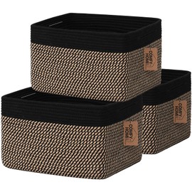 COMFY-HOMI 3PACK Cotton Rope Square Basket with Handles for Shelves|Dog Toy Basket Bin and Storage|Baby Basket for Gift|Shoe Basket for Organizing|New 13.5" x 11" x 9.5" for Living Room（Black/Jute）