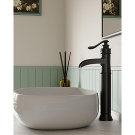 BWE Vessel Sink Faucet Waterfall Matte Black with Pop Up Drain Without Overflow and Supply Lines, Black Sink Faucet Bathroom One Handle Faucets Vanity Bath Mixer Tap