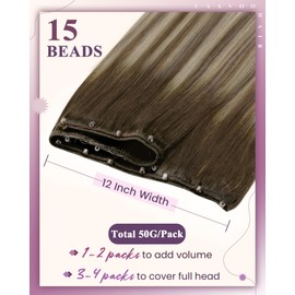 LaaVoo Beaded Weft Hair Extensions Human Hair Weft Extensions with Beads Dark Brown to Light Brown Mixed Blonde 50g 20inch