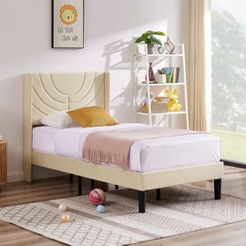 VECELO Twin Size Upholstered Platform Bed Frame with Fabric Headboard,Wooden Slats Support/No Box Spring Needed/Mattress Foundation,Beige