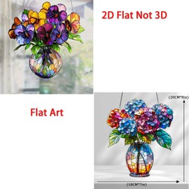 ANNUOZE 2PCS Flower Flat Acrylic Window Hanging, 2D Flat Colorful Flower Pot Decor, Indoor Wall Hanging Ornament, Window Art for Home Plant Lovers