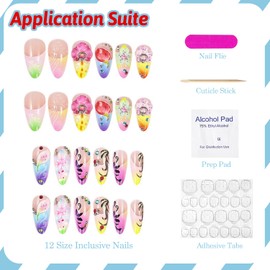 3D French Tip Press on Nails Long Almond Tropical Fake Nails False Nails with Flower Rhinestones Curve Line Designs Colorful Glossy Glue on Nails Acrylic Nails for Women Girls 24Pcs