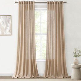 Joywell Hook Belt Linen Semi Sheer Curtains Inches Length Long Rod Pocket/Back Tab/Hook Belt/Clip Rings Window Curtains Drapes for Bedroom Living Room 2 Panels Set,52x84,Burlap Tan