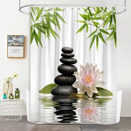 JEJOMEAG Zen Stone Shower Curtain Japanese Spa Bamboo Leaves Lotus Relaxing Meditation Minimalist Polyester Fabric Bathroom Curtain with Hooks, 70x70 Inch