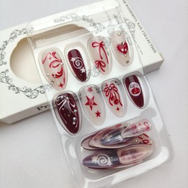 UEYRSEDB Almond Press on Nails Medium Cherry Red Fake Nails with Summer Red Cherry Bow Star Design Rhinestone Charms Glue on False Nail Summer Cute Y2k Artificial Stick on Nail for Women Girls 24Pcs