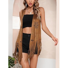 Women Tassel Vest 70s Hippie Costume Sleeveless Rivet Fringe Open Front Faux Suede Waistcoat Jacket Western Hippie Long Cardigan (B-Brown, M)